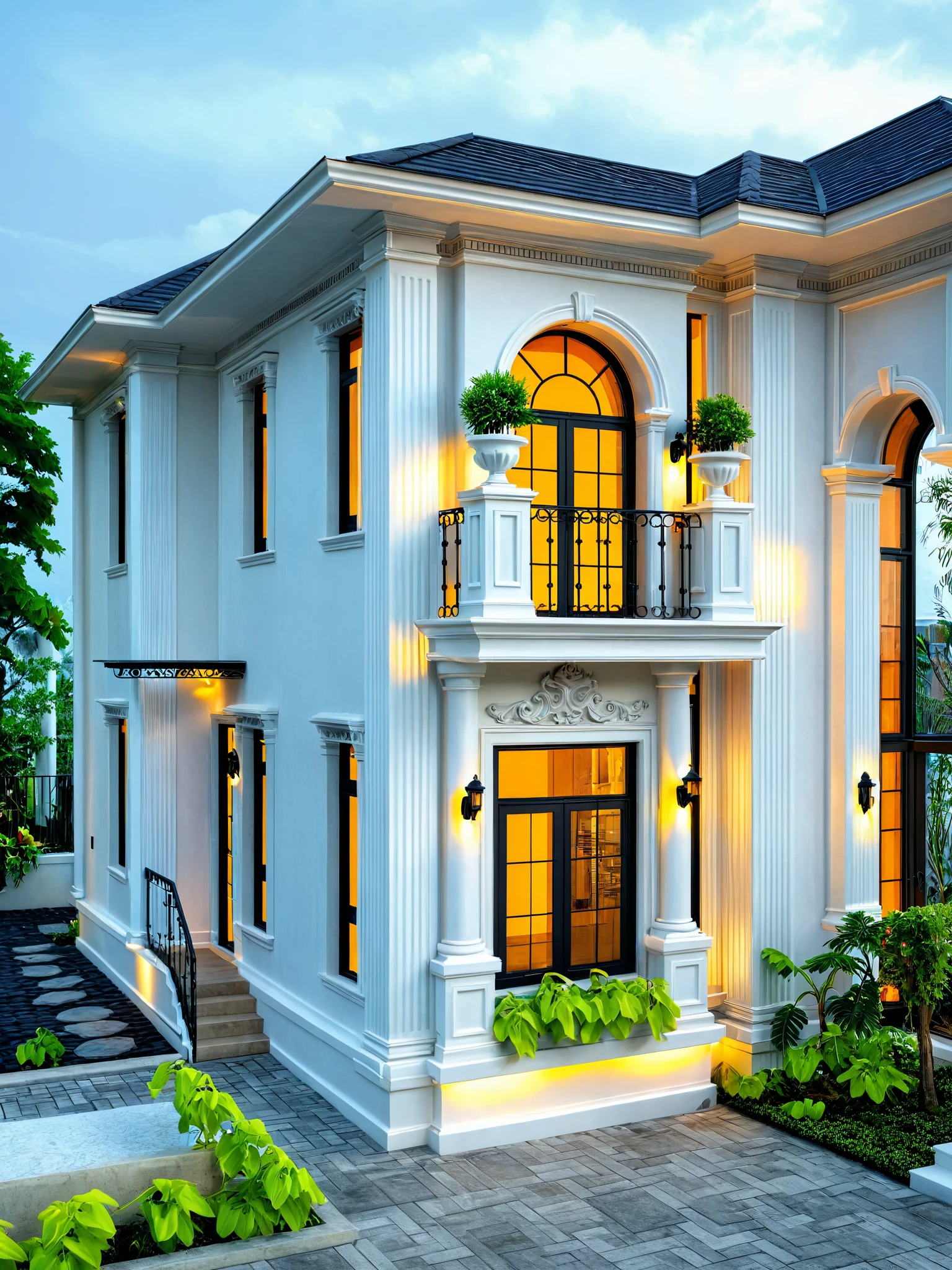 neo classical villa on street, (sunset), tropical tree, vivid colour, streetcapes, black detail, white wall, large glass door, warm interior lighting, wood and marble, best quality,
