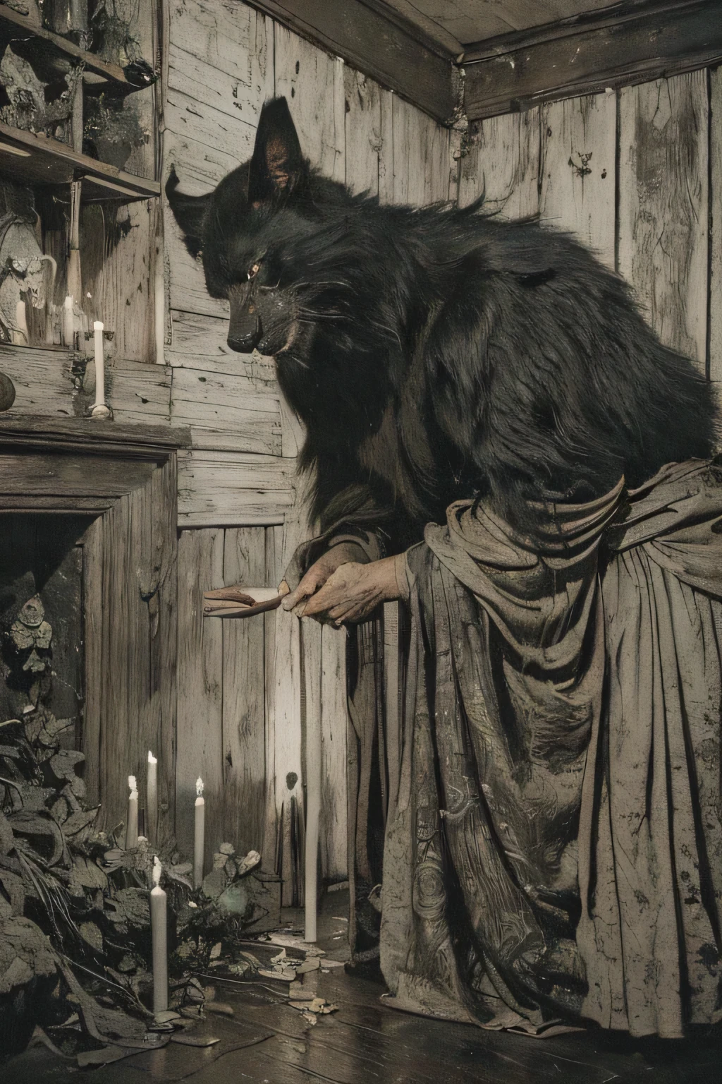 ((night, Darkness)), ((A large number of beast-like monsters)), ((Jumpscare)), outline warm color, ((festival)), ((Chojugiga)), ((Shihon Bokuga)), antique, (personality personification ), (Ink painting), Black and White Art , (Old paper style illustration), (Hunting Painting Style, Little Monster , Old performance, Variation pointillism, flat illustration , creepy, ((Horror elements)), ( creepy) worldview, ( Primitive art ), outline warm color, are styled like old picture scrolls, Old stage, Ancient mural style, ((low angle)), Hanfu, ((Old-fashioned indoor , A large number of candles in the room))