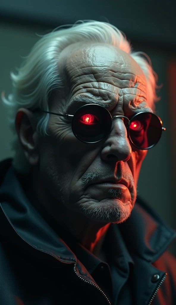 cinematic film still old evil scientist,man, cyberpunk, mask, wrathful eyes, dark science lab, steampunk sun glasses, dark atmosphere, Homunculus . shallow depth of field, vignette, highly detailed, high budget, bokeh, cinemascope, moody, epic, gorgeous, film grain, grainy