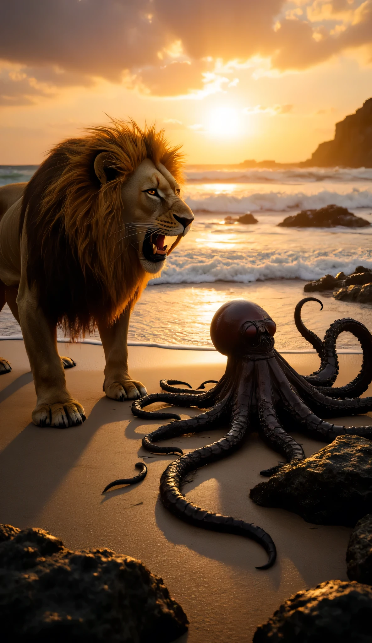 A dramatic and cinematic scene of a lion and an octopus facing each other on a secluded beach. The lion, with a majestic golden mane blowing in the ocean breeze, stands firmly on the soft sand, its powerful muscles tensed as it roars. Opposite it, the octopus emerges from the shallow waves, its eight tentacles coiled and ready, glistening under the sunlight with a glossy texture. The beach features rugged rocks, gentle waves, and a horizon painted with hues of orange and purple from the setting sun. The atmosphere is tense, the clash between land and sea symbolized by these two formidable creatures in a moment of confrontation.