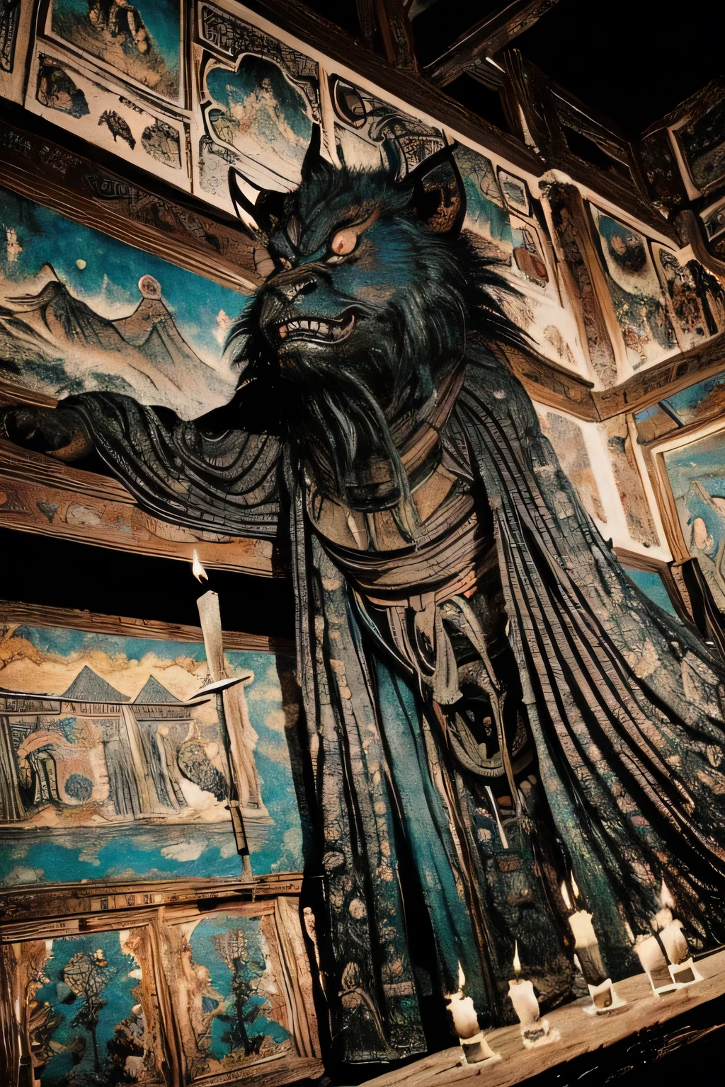 ((night, Darkness)), ((A large number of beast-like monsters)), ((Jumpscare)), outline warm color, ((festival)), ((Chojugiga)), ((Shihon Bokuga)), antique, (personality personification ), (Ink painting), Black and White Art , (Old paper style illustration), (Hunting Painting Style, Little Monster , Old performance, Variation pointillism, flat illustration , creepy, ((Horror elements)), ( creepy) worldview, ( Primitive art ), outline warm color, are styled like old picture scrolls, Old stage, Ancient mural style, ((low angle)), Hanfu, ((Old-fashioned indoor , A large number of candles in the room))