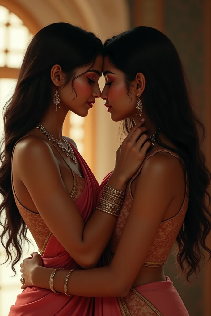 Create a image of a 2 indian girl in a room long black silky hair in bun style her 2 boyfriend kissing her neck from back