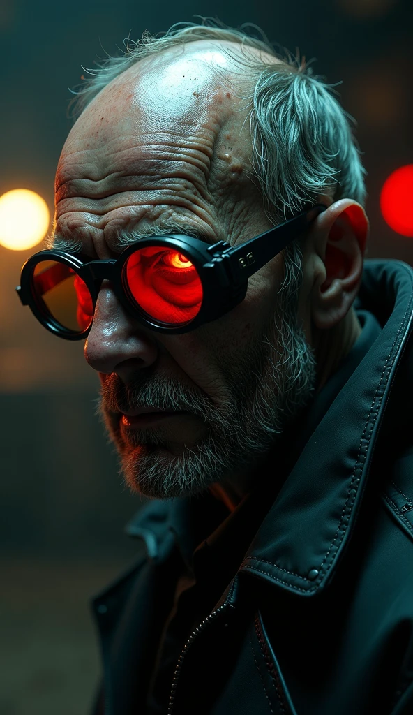 cinematic film still old  scientist,man, cyberpunk, mask, wrathful eyes, dark science lab, steampunk sun glasses, dark atmosphere, Homunculus . shallow depth of field, vignette, highly detailed, high budget, bokeh, cinemascope, moody, epic, gorgeous, film grain, grainy