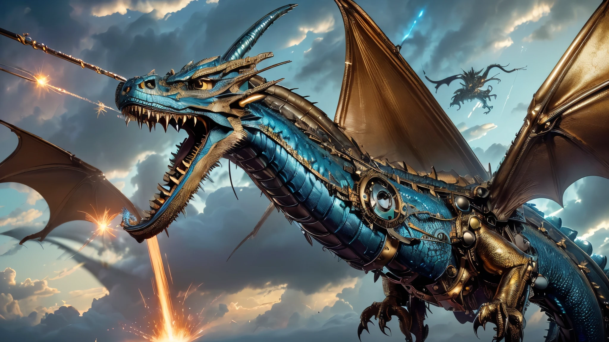 masterpiece, 8k wallpaper, 16k wallpaper, ultra high res, extreme detail and clarity, 1 dragon, (metallic blue and bronze mechanized clockwork dragon with canvas wings shooting a massive electric blast of energy from its jaws:1.5), full body shot , full body shot pov, (clockwork blue steel metallic mechanical dragon flying through the sky and clouds:1.5), (extremely metallic mechanized dragon with screws, bolts, hinges, and rivets:1.3), (photo-realistic:1.5), (extremely detailed with perfect clarity dragon head:1.5),