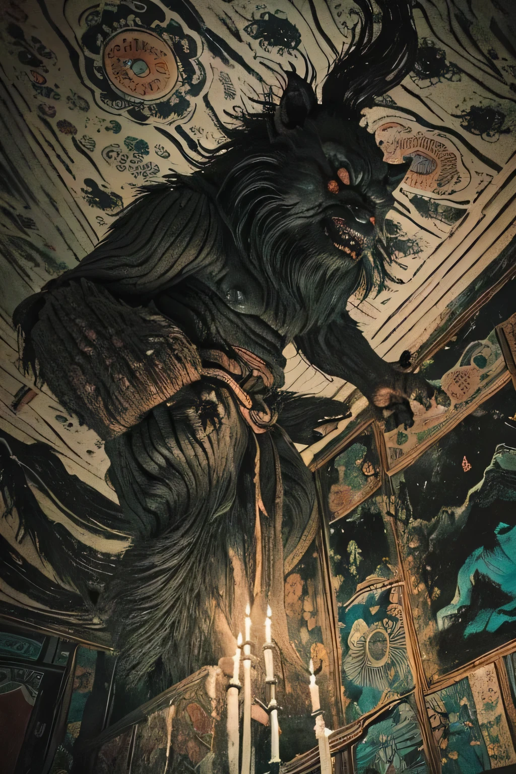 ((night, Darkness)), ((A large number of beast-like monsters)), ((Jumpscare)), outline warm color, ((festival)), ((Chojugiga)), ((Shihon Bokuga)), antique, (personality personification ), (Ink painting), Black and White Art , (Old paper style illustration), (Hunting Painting Style, Little Monster , Old performance, Variation pointillism, flat illustration , creepy, ((Horror elements)), ( creepy) worldview, ( Primitive art ), outline warm color, are styled like old picture scrolls, Old stage, Ancient mural style, ((low angle)), Hanfu, ((Old-fashioned indoor , A large number of candles in the room)), ((Ink painting))