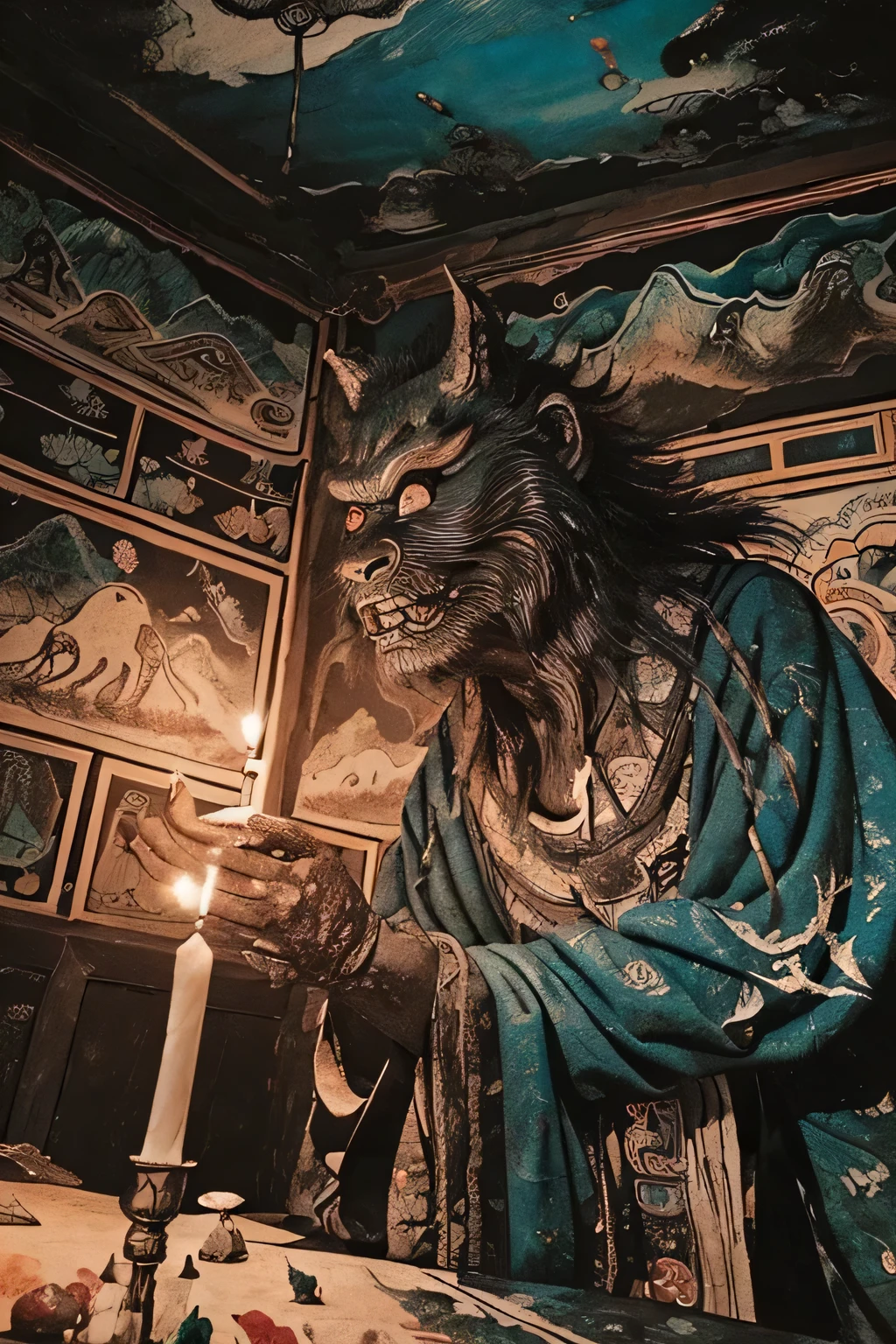 ((night, Darkness)), ((A large number of beast-like monsters)), ((Jumpscare)), outline warm color, ((festival)), ((Chojugiga)), ((Shihon Bokuga)), antique, (personality personification ), (Ink painting), Black and White Art , (Old paper style illustration), (Hunting Painting Style, Little Monster , Old performance, Variation pointillism, flat illustration , creepy, ((Horror elements)), ( creepy) worldview, ( Primitive art ), outline warm color, are styled like old picture scrolls, Old stage, Ancient mural style, ((low angle)), front view , Hanfu, ((Old-fashioned indoor , A large number of candles in the room)), ((Ink painting))