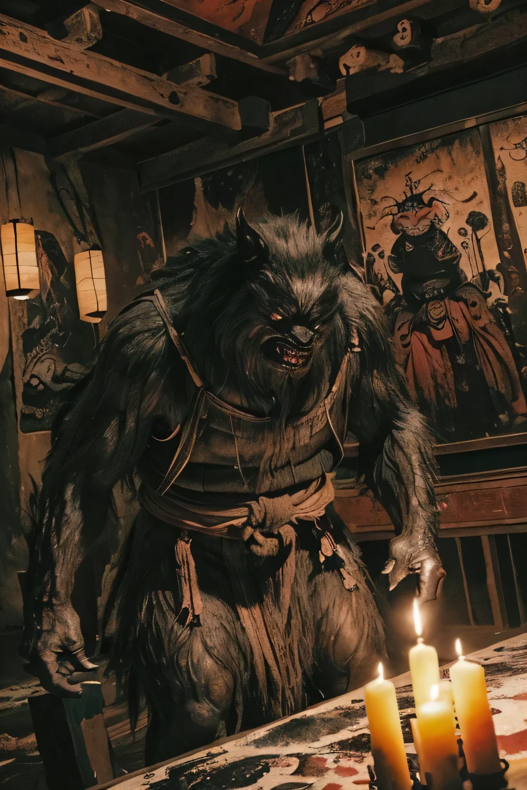 ((night, Darkness)), ((A large number of beast-like monsters)), ((Jumpscare)), outline warm color, ((festival)), ((Chojugiga)), ((Shihon Bokuga)), antique, (personality personification ), (Ink painting), Black and White Art , (Old paper style illustration), (Hunting Painting Style, Little Monster , Old performance, Variation pointillism, flat illustration , creepy, ((Horror elements)), ( creepy) worldview, ( Primitive art ), outline warm color, are styled like old picture scrolls, Old stage, Ancient mural style, ((low angle)), ((front view)) , Hanfu, ((Old-fashioned indoor , A large number of candles in the room)), ((Ink painting))