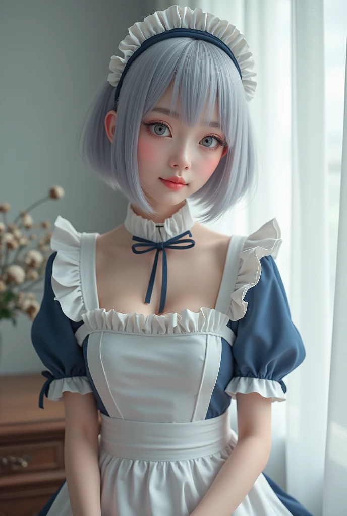 (8k, Photorealistic: 1.1, Raw photo, Highest quality: 1.4),Japanese idol-style beautiful girl,model,1 person,18-year-old,(Short Bob),(Silver Hair :1.1),She has her hair tucked behind her ears,Headband,Clear grey eyes,Long eyelashes,,(piercings(small)),(Lip gloss),thin long neck,Large ,(Maid clothes(Frills,Puffy long skirt)),(layer),Full body portrait