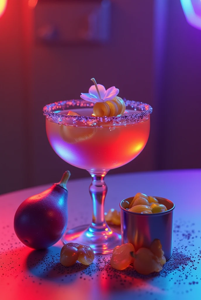 (best quality, 128k,highres,masterpiece:1.2),ultra-detailed,(realistic,photorealistic,photo-realistic:1.37), ((masterpiece)) ((photography)) ((Highest quality))  A unique and playful cocktail titled "L'Aubernichon" served in a glass distinctly shaped as a naked curvy woman’s body.  
The cocktail is a blend of fresh eggplant purée, pickled cucumber juice, a splash of premium gin, and a sprinkle of lemon zest for freshness.  
The rim of the glass is coated with crushed black sesame seeds, and the garnish includes a spiral of thinly sliced pickles and a small, delicate eggplant  and eggplant flower.  
An entire eggplant and an open tin of pickles 🍆🥒 are placed artfully beside the glass, creating a humorous yet sophisticated presentation.  
The background is a bold and stylish bar setting with vibrant lighting highlighting the quirky elements of the drink.