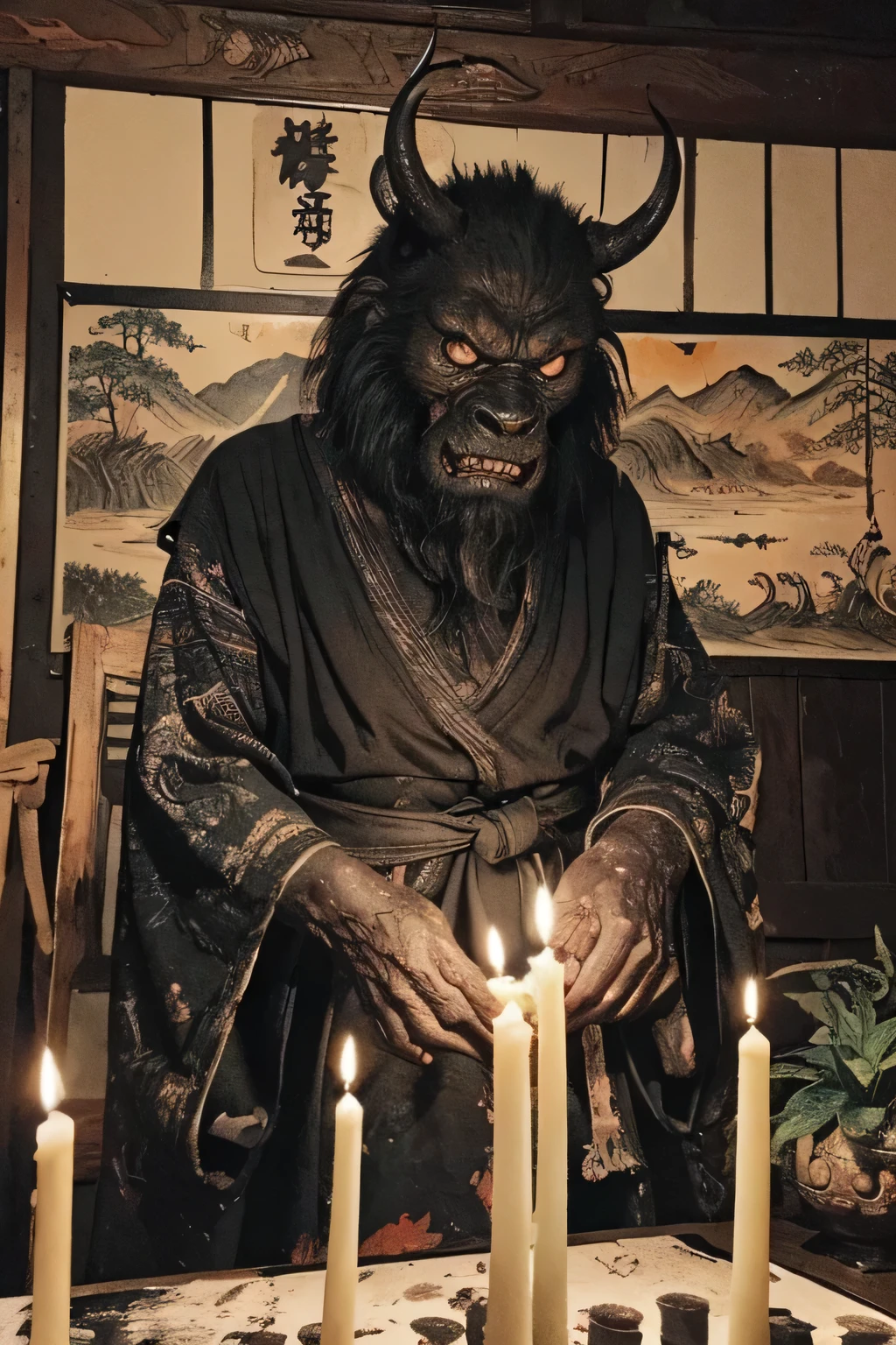 ((night,  Darkness)), ((A large number of beast-like monsters)), ((Jumpscare)),  outline warm color, ((festival)), ((Chojugiga)), ((Shihon Bokuga)),  antique, (personality personification ), (Ink painting),  Black and White Art , (Old paper style illustration), (Hunting Painting Style, Little Monster , Old performance, Variation pointillism,  flat illustration ,  creepy, ((Horror elements)), ( creepy) worldview, ( Primitive art ),  outline warm color,  are styled like old picture scrolls, Old stage, Ancient mural style, ((Medium shot)) , Hanfu, ((Old-fashioned indoor , A large number of candles in the room)), ((Ink painting))