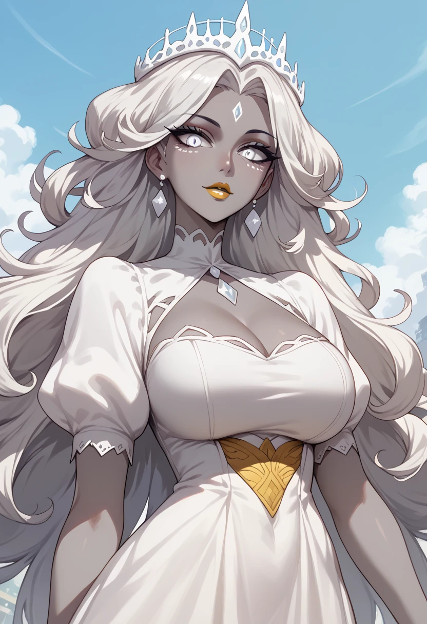 woman, gray skin, anime style, large breasts, yellow lipstick, white eyes, looking at viewer, white dress, white hair, large dress, Será