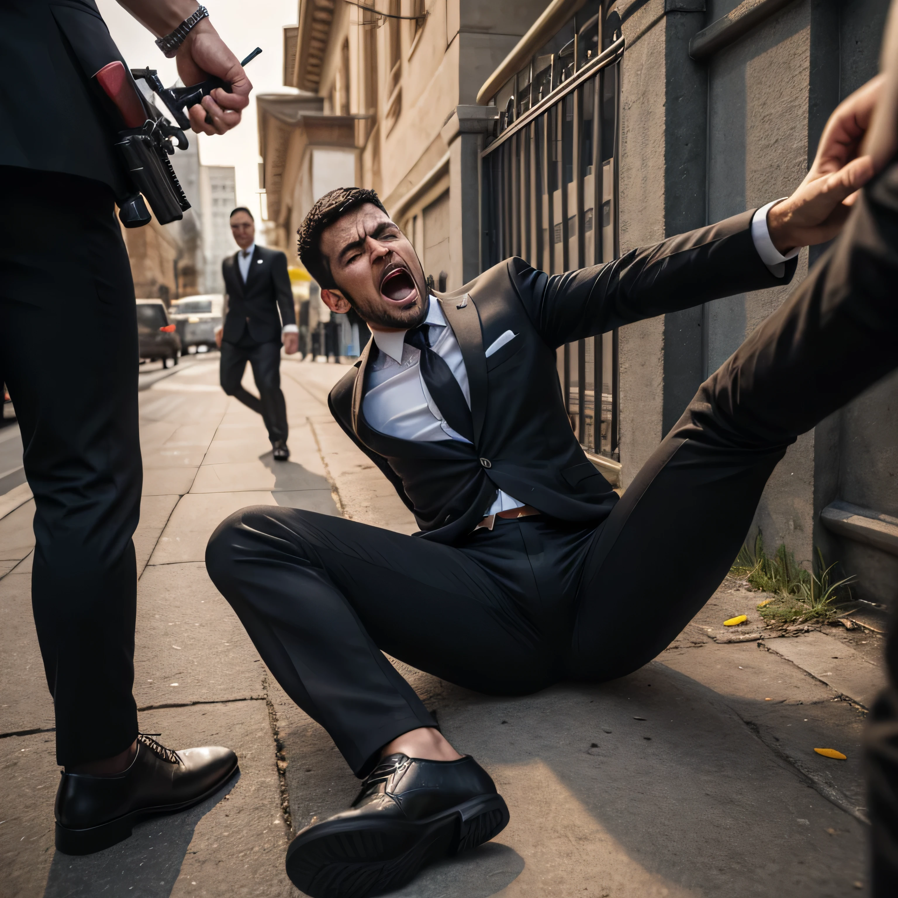 50 years old, One Man,、 black suit、black tie、black slim pants。In front of the gate、alert 、 Gunfight、Man Who Was Shot logic, Gay, black hair、Short Hair。 very short hair 、 arabic face Lies on the Ground、 open her legs 、 upper body up black slim pants black slim pants Open your mouth wide and scream Painful face after being shot mafia pants chuck The handgun is falling