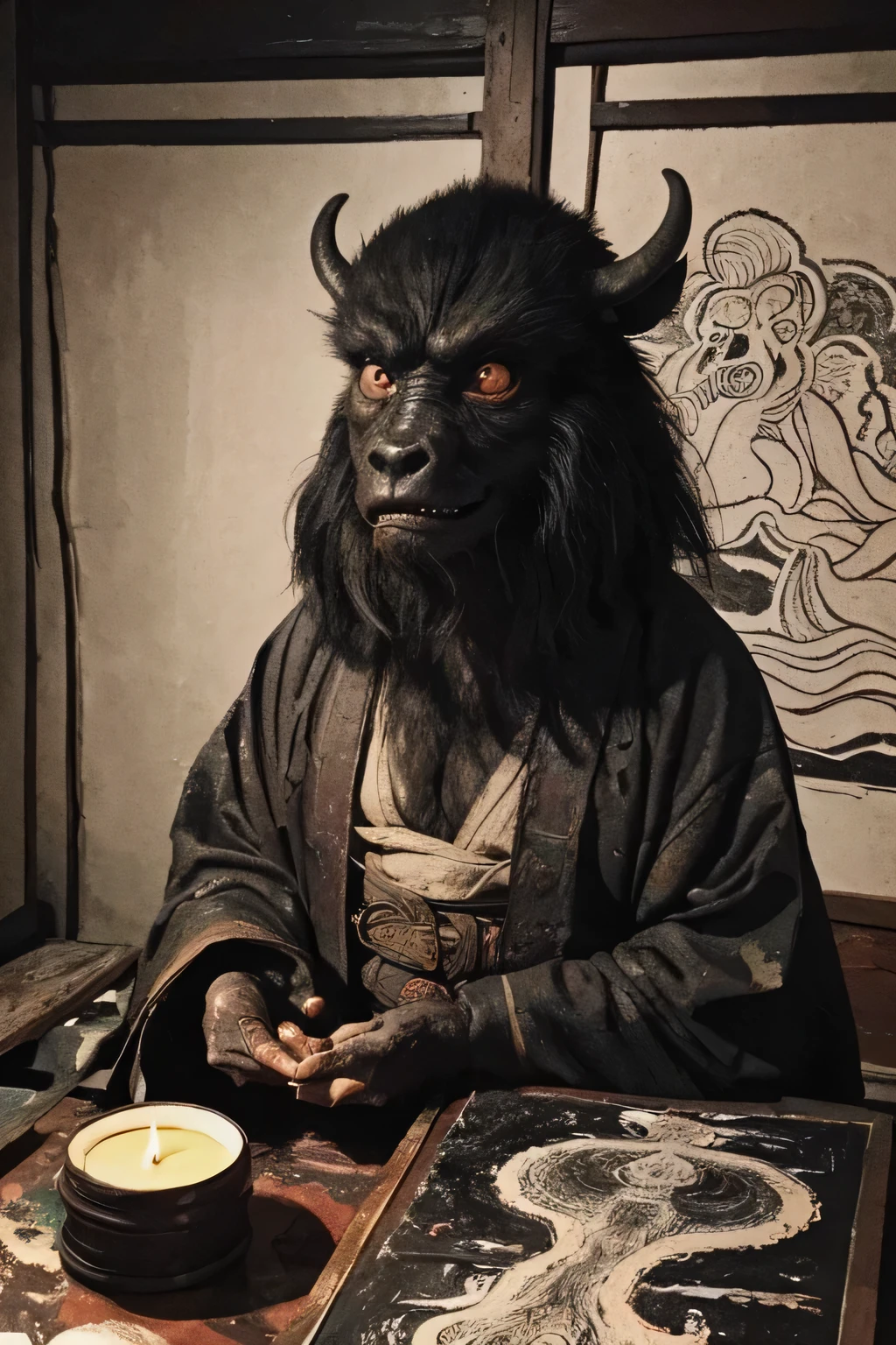 ((night, Darkness)), ((A large number of beast-like monsters)), ((Jumpscare)), outline warm color, ((festival)), ((Chojugiga)), ((Shihon Bokuga)), antique, (personality personification ), (Ink painting), Black and White Art , (Old paper style illustration), (Hunting Painting Style, Little Monster , Old performance, Variation pointillism, flat illustration , creepy, ((Horror elements)), ( creepy) worldview, ( Primitive art ), outline warm color, are styled like old picture scrolls, Old stage, Ancient mural style, ((Medium shot: 1.5)) , Hanfu, ((Old-fashioned indoor , A large number of candles in the room)), ((Ink painting))