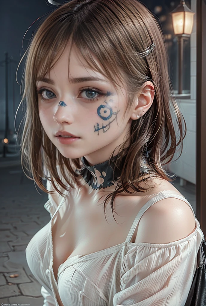 (masterpiece:1.3), (8K, Realistic, RAW Photos, Best image quality: 1.4), (((Absolutely shoulder-length Silver straight short bob))), raw photo, Super realistic photograph, Detailed Fantasy art, Tim Burton style, Cinema 4D rendering, high angle close-up shot, 1 girl, Half Japanese and half Korean, (((sugar skull makeup))), (nightmare before Christmas  makeup, Face Painting:1.5), An lady is sitting in the downtown at night, Big Breasts, big ass, tanned skin female, (tanned skin:1.4), night, 