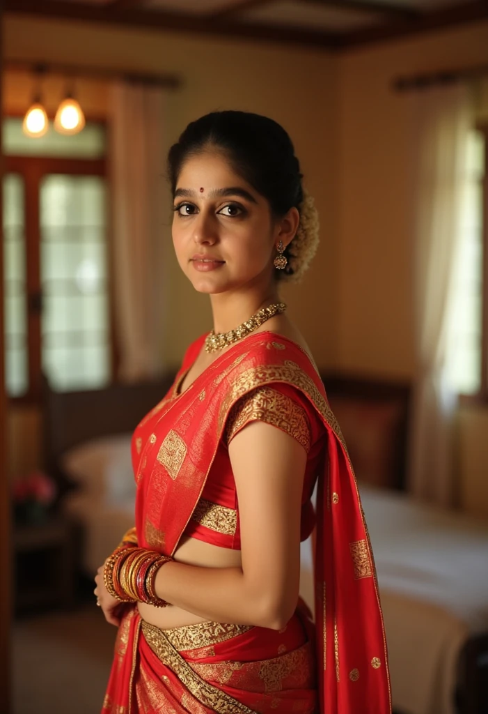 slim skinny 21 year old girl ,fullside view, standing in bedroom, wearing navel chain, sexy blouses,big breasts, different colour sarees, fit and curvy body, sleeveless blouse, costly room, bangles in hand, bindi in forehead, 8k , intricate details big
