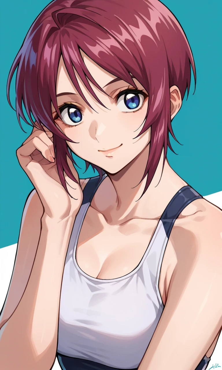 score_9,score_8_ up,score_7_ up,score_6_ up,score_5_ up,score_4_ up,Anime coloring, source_Anime, Luna Maria, One Girl ,Alone, blue eyes,Red Hair, shorthair , , swimsuit,smile, multicolor background, Portrait,whole body, Watching Viewers ,