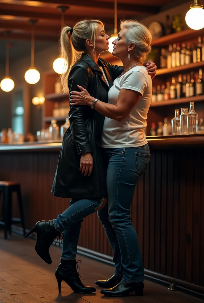 3 tattooed white women in their 30s, wearing short dresses and high heeled sandals, sitting on a restaurant table. In front of them, a naked slave is licking their shoes