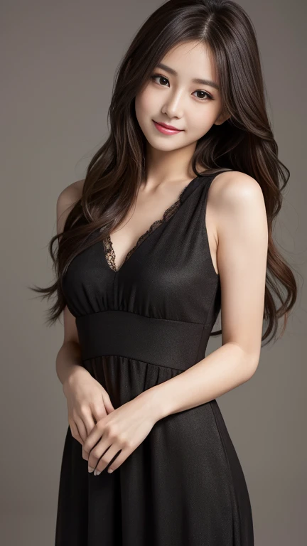 A girl in a black night dress,Sweet and lovely smile,Big breasts