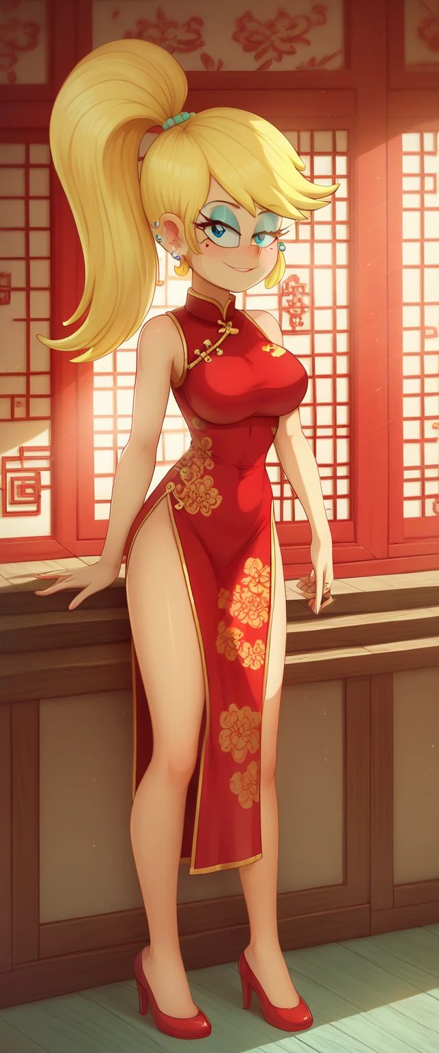 safe_pos, score_9, score_8_up, score_7_up BREAK Sam Sharp, the loud house, BREAK large breasts, BREAK looking at you, cheongsam, inside of a chinese temple, full body view, blonde long hair, one ponytail, standing,aqua bang, helix piercings in ears