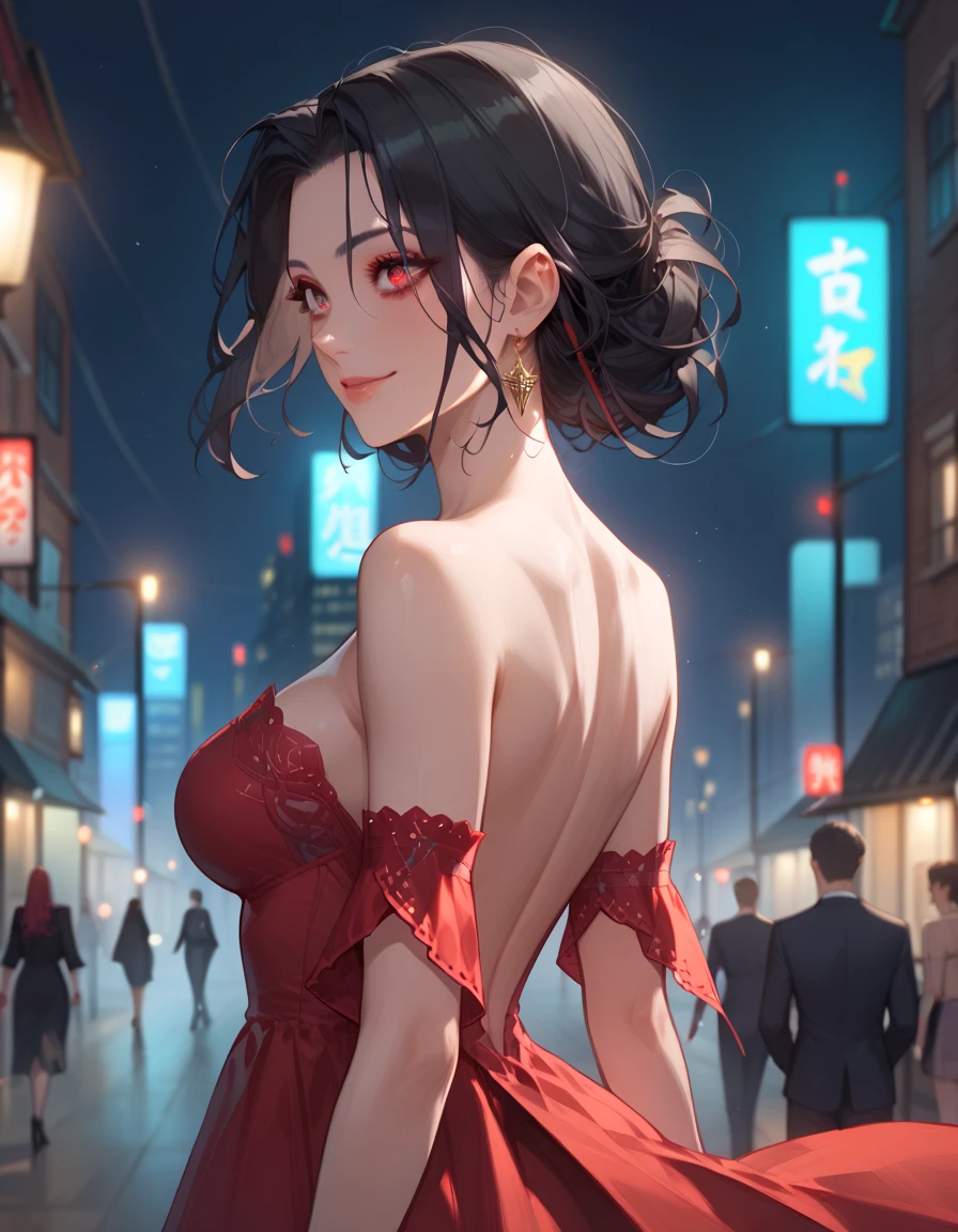 A stunning, poised woman with an air of both elegance and danger. Her long, raven-black hair flows in soft waves down her back, complemented by sharp, striking red eyes that carry an intense and unwavering focus. She wears a sleek, dark-colored dress, tailored perfectly to her figure, adorned with intricate yet subtle embroidery that reflects her refined taste. Her expression is calm but confident, with a faint smile playing on her lips, giving her a sense of mystery and composure. She exudes an aura of quiet strength and grace, standing in a soft, dramatic light that highlights her delicate features and the quiet power within her. Behind her, a blurred background of city lights or a dimly lit room hints at a world full of secrets. Her posture is regal, with a sense of silent authority and a readiness to protect