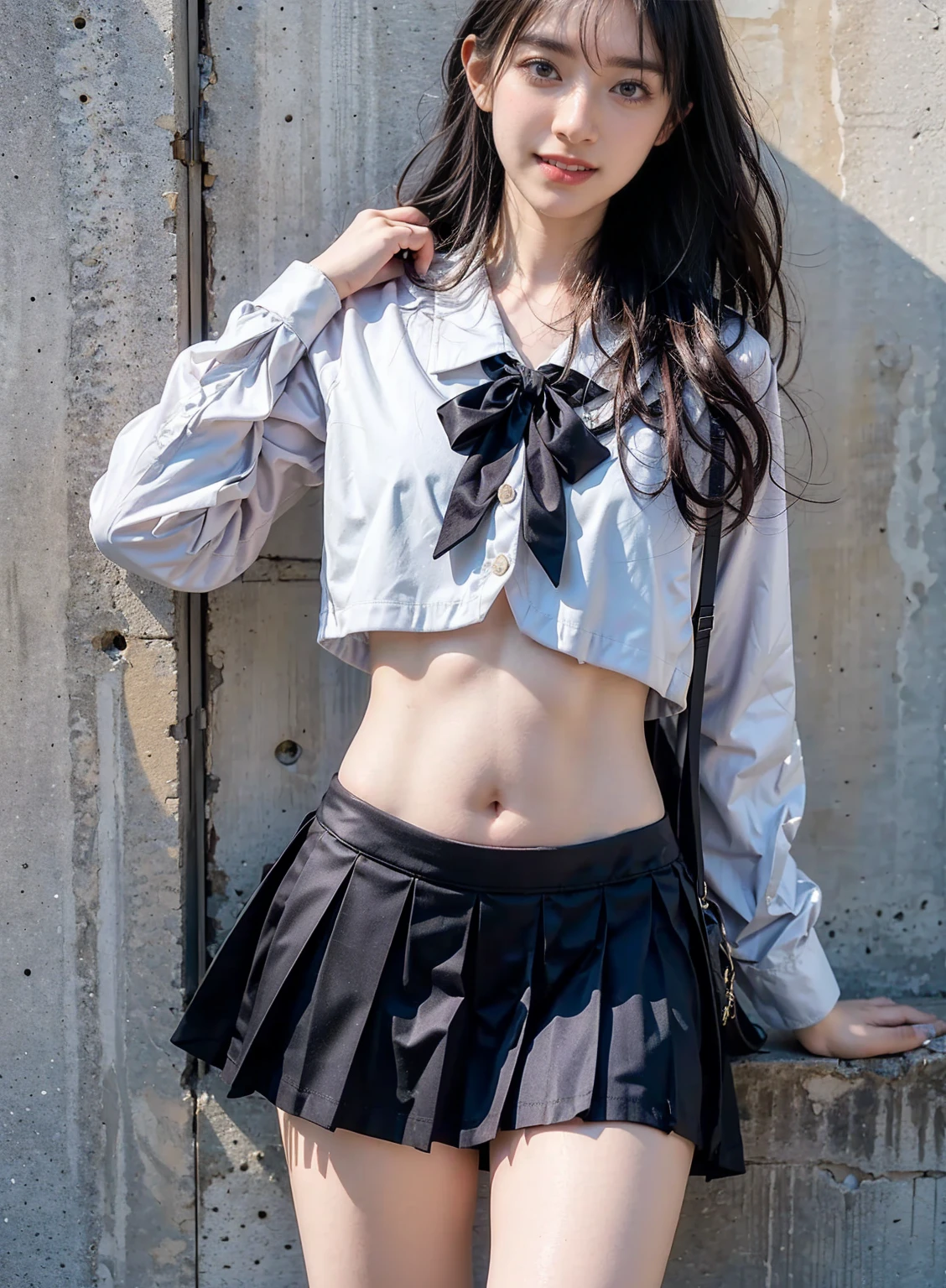 top-quality、masterpiece、1 little girl、A slender、small tits、校服、hyperdetailed face、Detailed eye、二重まぶた、Plaid pleated skirt、knee high socks、full bodyesbian、without background、Beautiful abs、Navel