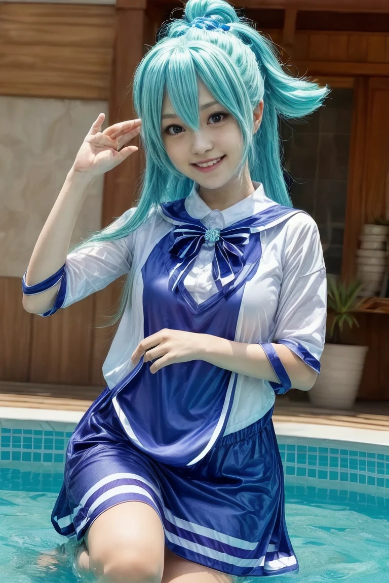   (( Japanese Transcendental Cute 6th Graders))  , (smile),  (( cute uniform))、(( super transcendental cute face))、((" blessings to this wonderful world！"Aqua-san's cosplay)), 