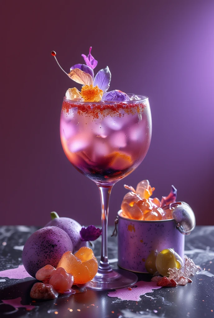 (best quality, 128k,highres,masterpiece:1.2),ultra-detailed,(realistic,photorealistic,photo-realistic:1.37), ((masterpiece)) ((photography)) ((Highest quality))  A unique and playful cocktail titled "L'Aubernichon" served in a glass distinctly shaped as a naked curvy woman’s body.  
The cocktail is a blend of fresh eggplant purée, pickled cucumber juice, a splash of premium gin, and a sprinkle of lemon zest for freshness.  
The rim of the glass is coated with crushed black sesame seeds, and the garnish includes a spiral of thinly sliced pickles and a small, delicate eggplant  and eggplant flower.  
An entire long eggplant and an open tin of pickles 🍆🥒 are placed artfully beside the glass, creating a humorous yet sophisticated presentation.  
The background is a bold and stylish bar setting with vibrant lighting highlighting the quirky elements of the drink.