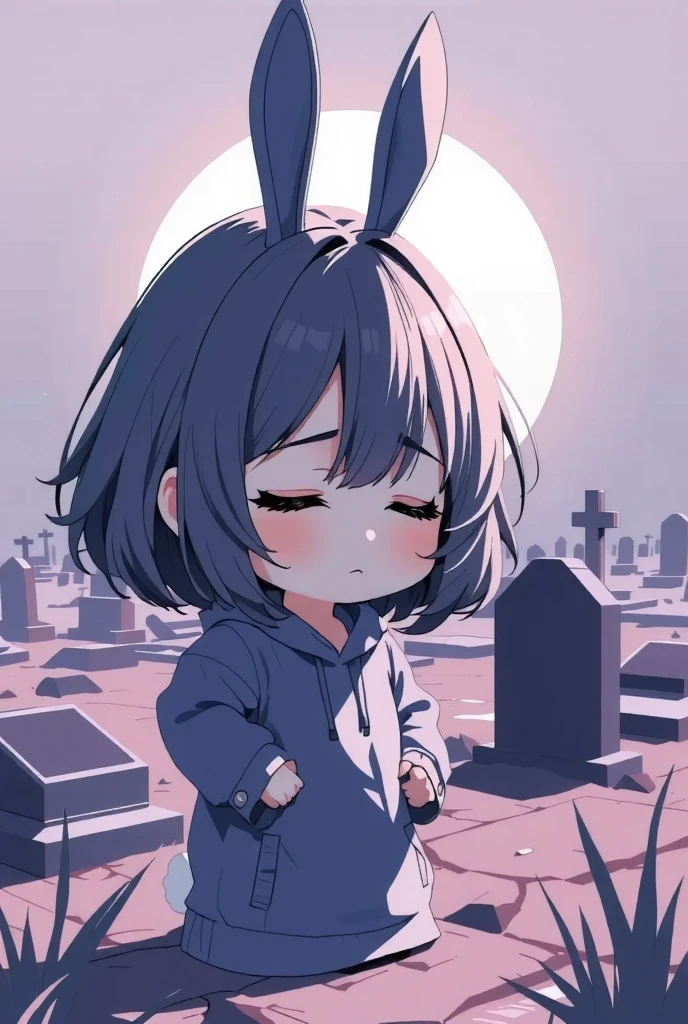 Flat Design, Silhouette Art,anime style, 1chibi character\(short hair, bunny ears, closed eyes,white skin,peaceful expression,[paper craft,grisaille:Pastel gradation color,dreamy Decalcomania:0.3],\),solo,gentle glow, gradient background,gray and soft blue and soft pink,derelict graveyard, focus on silhouette symmetry,best quality, minimalism, simple background, 