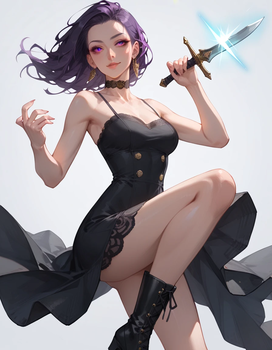 Create a strong, elegant female character with long, dark purple hair styled in a sleek, straight cut that reaches her back. She has sharp, intelligent eyes and a poised expression, exuding both beauty and danger. Her attire consists of a fitted black dress with subtle details, like a lace collar and gold buttons, paired with knee-high black boots. She holds a silver dagger in one hand, showcasing her assassin skills, while her other hand rests elegantly at her side. Her posture is confident, and there’s an air of mystery and strength around her. The background is a soft, muted color, focusing on her captivating and deadly aura.