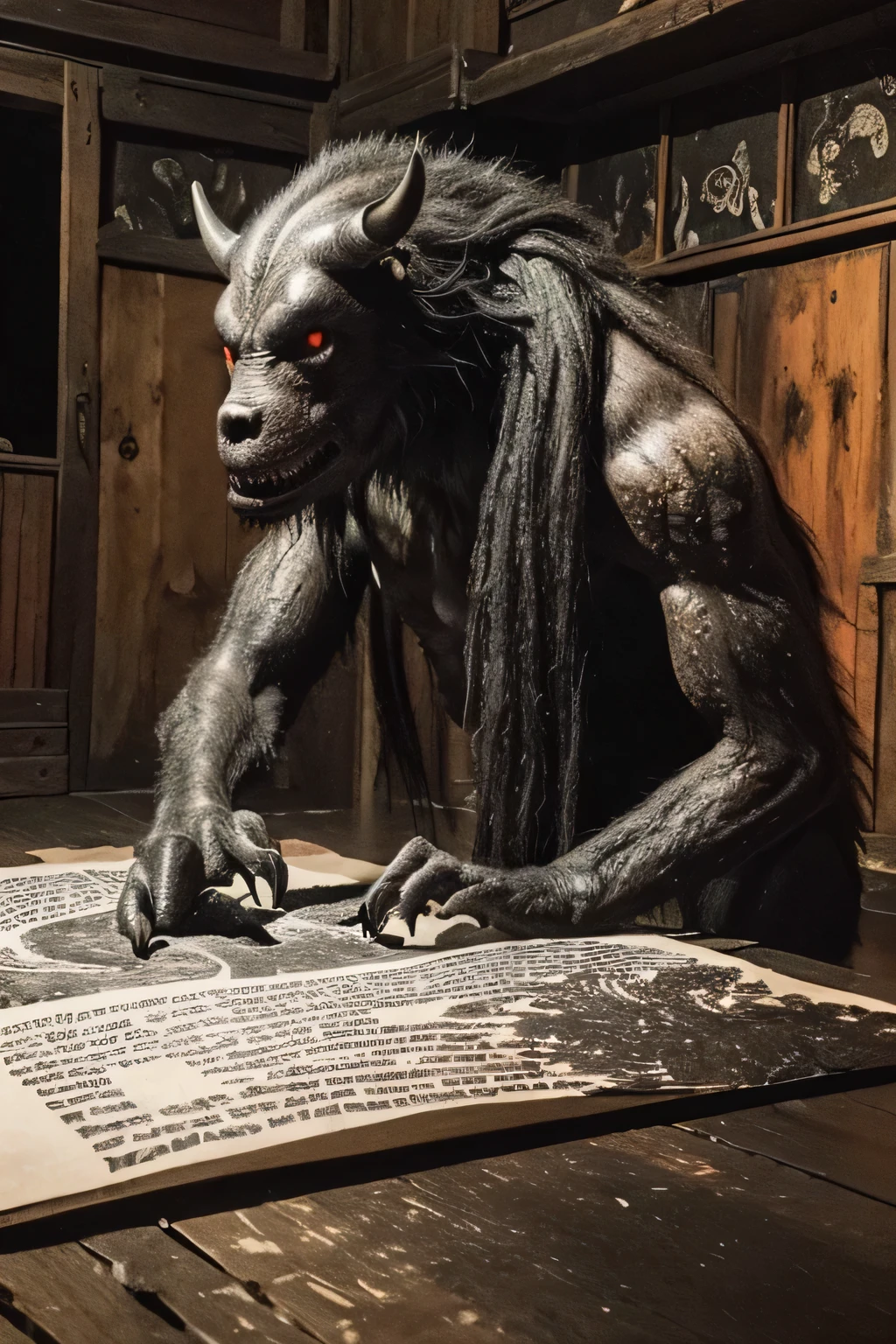  (Old-fashioned indoor , Lots of big mirrors), ((night,  Darkness)), ((A large number of beast-like monsters)), ((Jumpscare)),  outline warm color, ((festival)), ((Chojugiga)), ((Shihon Bokuga)),  antique, (personality personification ), (Ink painting), ( Black and White Art ), (Old paper style illustration), (Hunting Painting Style, Little Monster , Old performance, Variation pointillism,  flat illustration ,  creepy, ((Horror elements)), ( creepy) worldview, ( Primitive art ),  outline warm color,  are styled like old picture scrolls, Old stage, Ancient mural style, ((Medium shot: 1.5))