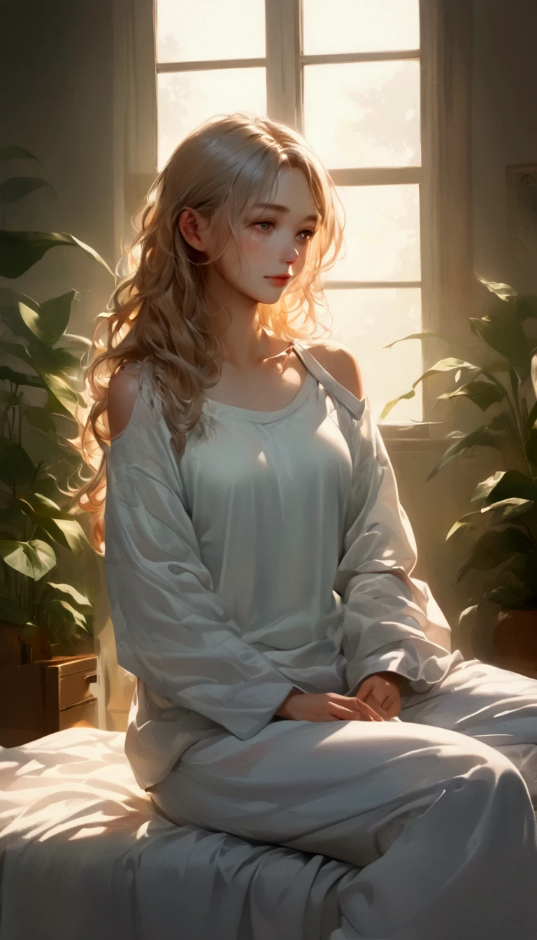 ( Photorealism :1.2),  beautiful women,  sit on the bed,  She wears a loose top with a wide open shoulder line., Pajama pants,  long curl hair, indoor,  soft lighting , Background plants,  windows that let sunlight in,  cozy room ,  Relaxed Posture ,  realistic,  intricate details, Warm colors, 