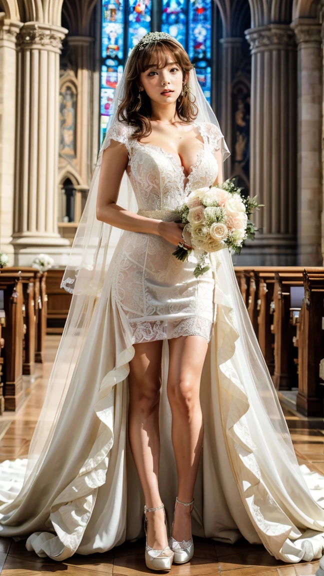 A beautiful young Japanese woman, 26 years old, with healthy thighs, beautiful legs, flawless skin, random hair color and style, large breasts, wearing a (wedding dress:1.3), (she is standing:1.2), full body shot, high heels, holding a bouquet in her hands, in a church setting, (best quality,8k, masterpiece:1.3), (extremely detailed:1.2), perfect anatomy, shinozakiai