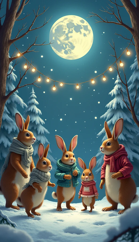 In the snowy forest、 animals are dressing up like humans and hosting a New Year's party。Under the full moon、Rabbits are DJing 、 bears are dancing on the dance floor 。