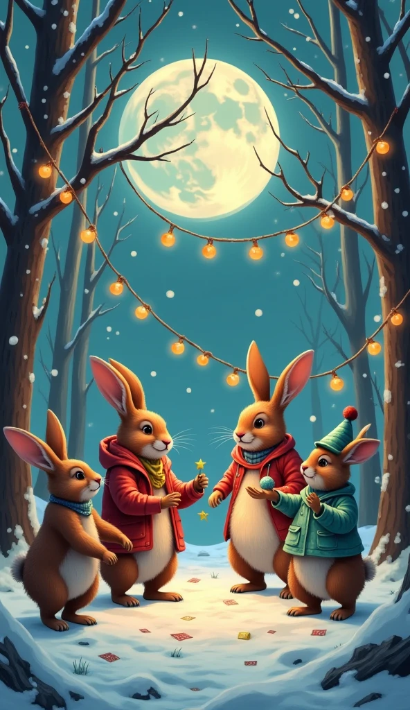 In the snowy forest、 animals are dressing up like humans and hosting a New Year's party。Under the full moon、Rabbits are DJing 、 bears are dancing on the dance floor 。