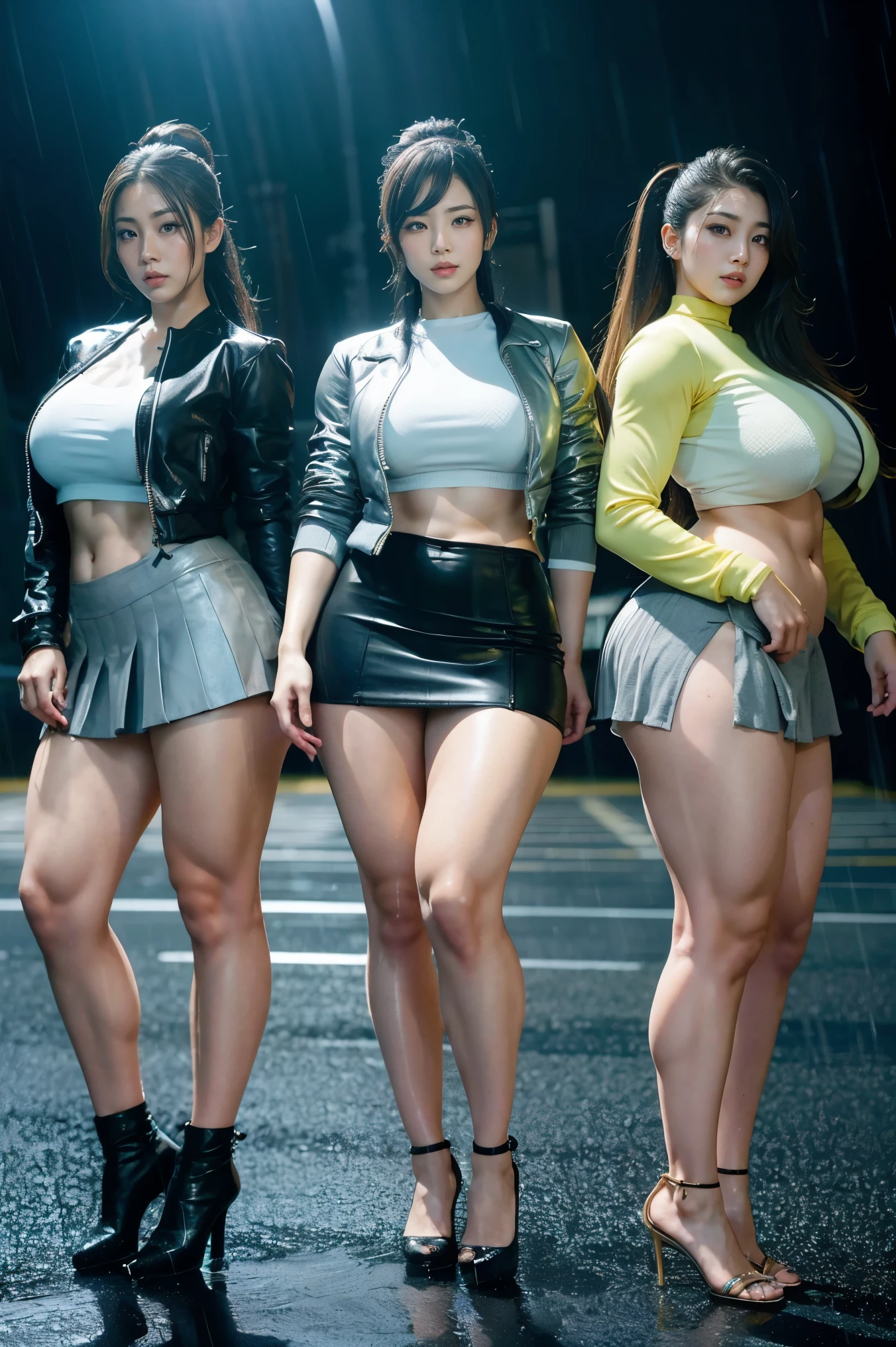 Ultra-high resolution, Realistic, Very detailed, Golden Ratio, Highest quality, Four people are standing full-body shot, (promotional photoshoot), (Are standing), Four people stand on warehouse in high heels, (Four Beautiful female with Exemplary Figures), Beautiful Face, (Realisticな face), (biondeのショートカット:1.3), Korean bionde, bionde, long straight ponytail light brown hair, black hairpin, hair band, Glare, Frowning, Drooling, Long Tongue, Verbal invitation, compensate, Frowning, Frowning, Surrealism, First Person View, First Person View, Wide-angle, Ultra-high resolution, Anatomically correct, Super detailed, 16K, (Four beautiful female standing side by side) (wide thighs), (Very sexy long legs),(body builder girl), (wide muscles), ((sexy abdominal muscles)), (huge breasts),(very voluptuous body),((short grey skirt)),(strapless dress),(sexy dancing pose),(beautiful old warehouse background effect),((beautiful smile))