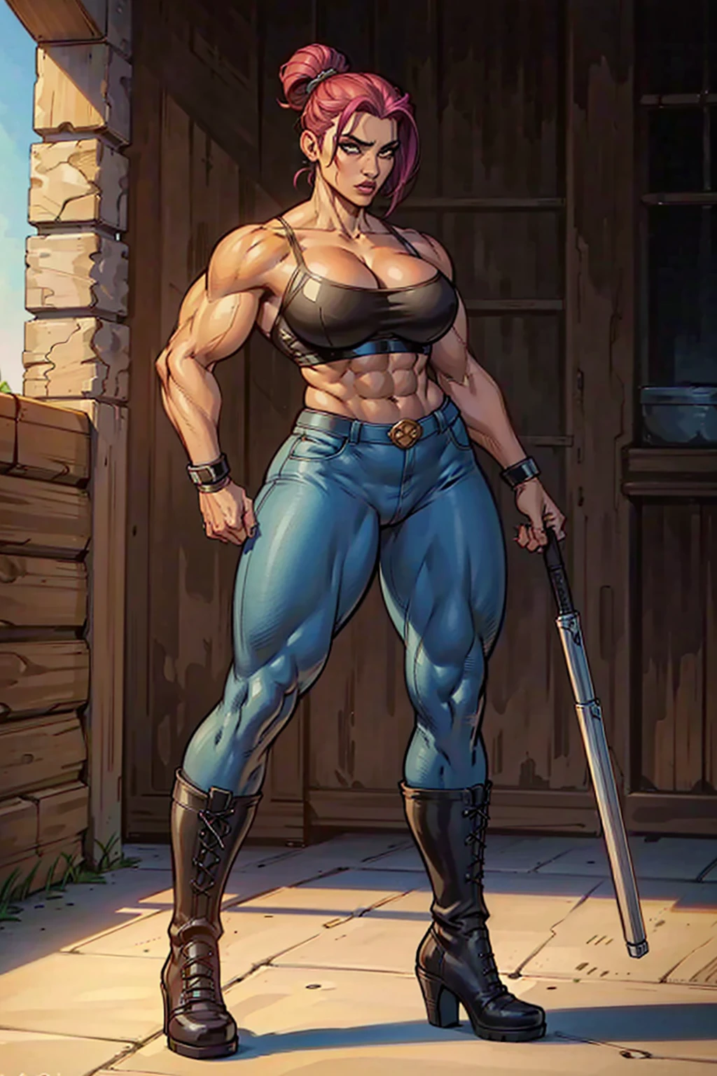 (masterpiece:1.4),(best quality:1.4),(highres:1.4),intricate details,(highly detailed skin:1.2),muscle mommy,muscular female,25yo female,blacksmith, forge, flexing, hammer