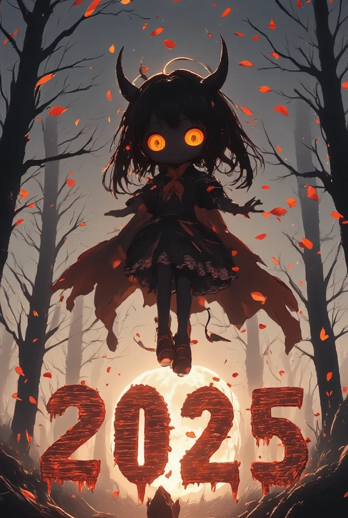 (text written "2025" with bloody font), low-angle, 1 devil\(cute,jet-black skin, crooked large horn, big glowing eyes, scary smile,horror smile, long nail, orange eyes, detailed pupils, yellow sclera, flying in the air, wear capelet\(big,long,Tattered\), backlit, full body, shadowy, \), (petals\(colorful, beautiful, in the air\), many detailed dead trees, in the forest, beautiful moon, great landscape,) horror mood, tim burton style