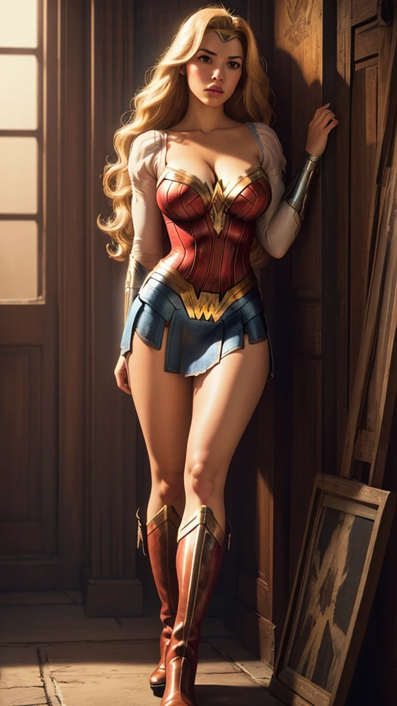 (sexy wonderwoman costume:1.4), golden tiara, blue shorts, bullet-deflecting cuffs, winged headpiece, sword and shield, thigh-high stockings, wonder woman emblem, highly intricate, highly detailed, over the shoulder, long shot, dreamy 32 year old (american:1.3) woman with mocha skin color and a athletic body, (ash blonde hair:1.5), (spiral ringlets hair style:1.2), (natural tiny boobs:1.3), slim waist, (perfect big ass and wide hips:1.2), nsfw, bare breasts, vagina, small pink areolas and nipples, sky blue eye color, black pupils, wide eyes, pouting, (maroon lipstick:0.4), full lips, straight profile nose, medium thickness eyebrows, bronze sparkle eyeliner eyeshadow and eyeliner, no earrings, colorful (intricate textures tattoos:1.2), 8k, HQ, masterpiece, radiant light rays, muted colors, legs dangling, kneeling, perfect face, upper body, cleavage, breast focus, skin pores, intricate skin texture, realistic skin, detailed eyes, sharp pupils, realistic pupils, (front shot:1.2), on a chair