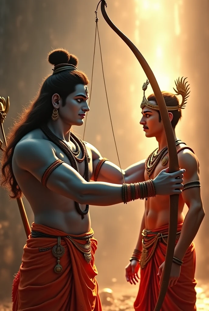 Subject: Lord Krishna and Lord Ram, half-body portraits.
Poses: Lord Ram holding his Dhanush (bow) and Lord Krishna holding his Sudarshan Chakra.
Style: Golden, smooth graphics. You could provide examples of artwork with a similar aesthetic.
Image size and resolution: Specify your desired dimensions and resolution for the final image.