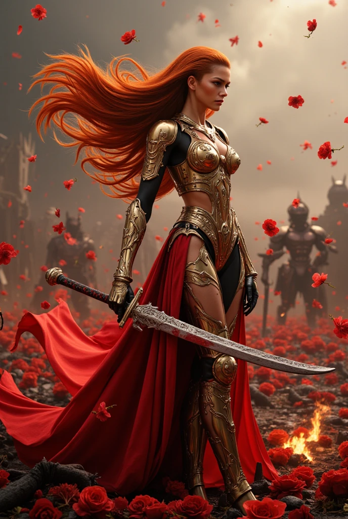 Zendaya, A fierce and breathtaking scene of MaleniaNorm, the legendary female warrior, poised in the midst of battle. She stands confidently, her slender figure clad in intricately detailed golden and crimson armor, covered in elegant, thorn-like motifs. Her long, fiery red hair flows wildly around her, partially obscuring her porcelain face and cold, determined eyes. In her right hand, she holds her iconic prosthetic arm wielding a massive, rune-etched katana, dripping with blood from recent combat. Scarlet blossoms swirl around her, floating in the air like ghostly petals, adding a haunting beauty to the scene. The background is a war-torn battlefield, shrouded in a mist of blood-red flowers and glowing embers, with remnants of fallen warriors scattered around. The atmosphere is charged with a sense of dread and grace, capturing Malenia’s deadly elegance and the unyielding strength of one of the most formidable foes in the Lands Between. (maximum ultra high definition image quality and rendering:3), maximum image detail, maximum realistic render, (((ultra realist style))), realist side lighting, , 8K high definition, realist soft lighting, (amazing special effect:3.5)