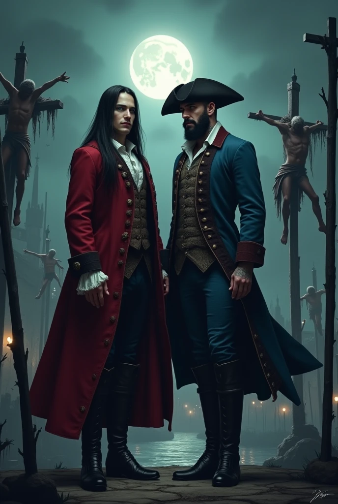 2 Handsome Men with Beards, tattooed. black and red cape. White pants and shirt,  walking stick, trident, cemetery, lit candles, fire, black magic book,  levitating, black goat, black and gold hat galley 