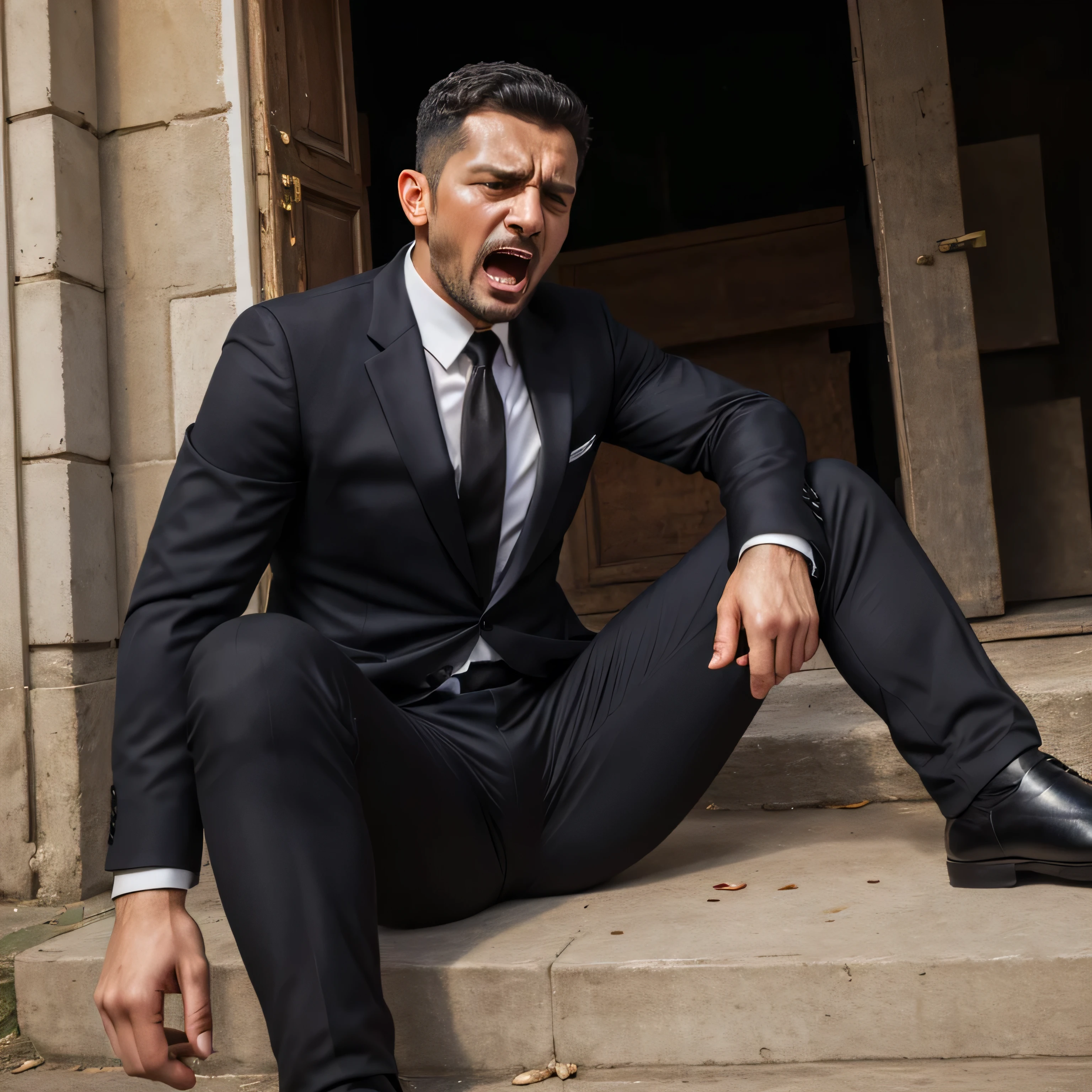 50 years old, One Man,、 black suit、black tie、black slim pants。In front of the gate、alert 、 Gunfight、Man Who Was Shot logic, Gay, black hair、Short Hair。 very short hair 、 arabic face sit on the ground、 open her legs 、 upper body up black slim pants black slim pants Open your mouth wide and scream Painful face after being shot mafia Trouser chuck The handgun is falling