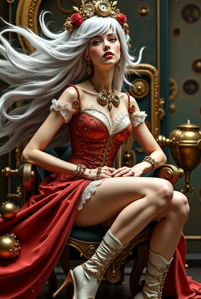 A detailed image of a steampunk young woman seated, capturing a striking kinetic effect. She wears a short red dress adorned with intricate golden embroidery, a Victorian lace collar, high-heeled shoes, elegant stockings, and sophisticated accessories made of gears and jewelry encrusted with precious stones. Her silver hair flows dynamically around her radiant face, as if animated by an invisible breeze, decorated with metallic flowers and miniature clocks. The details of the fabric and accessories seem to slightly vibrate, as if frozen in mid-motion, adding a sense of dynamism to the image. The kinetic effect conveys the impression of a moment captured amidst fluid action, blending grace and power in a refined retro-futuristic aesthetic.