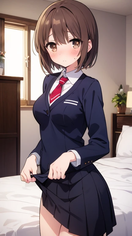 masterpiece, best quality, (one boy and one girl are having sex:1.3), home, on bed, (doggystyle:1.3), high school student, (plump:1.2), short height, medium length hair, (ahoge:1.0), (brown hair:1.2), brown eyes, hairs between eyes, collared shirt, blazer, pleated skirt, , bow, black thighhighs, (saliva:1.4), (pussy juice:1.5), (sweat:1.2),