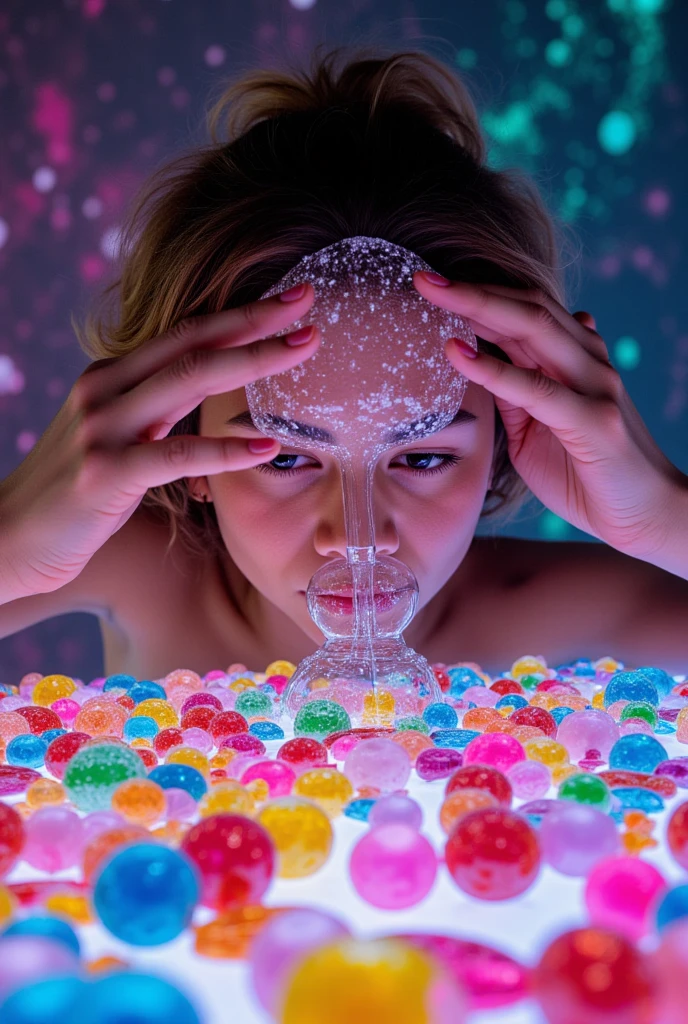 Zendaya, closeup zoom,(macro:1) photo,cute women plays on,(mandelbulb fractals:4) thousand shards of colorful glass candy on an opalescent countertop,condensation,effervescent,detailed,intricate,key light,backlight,fill light,three-point lighting, nebulae bubbles,