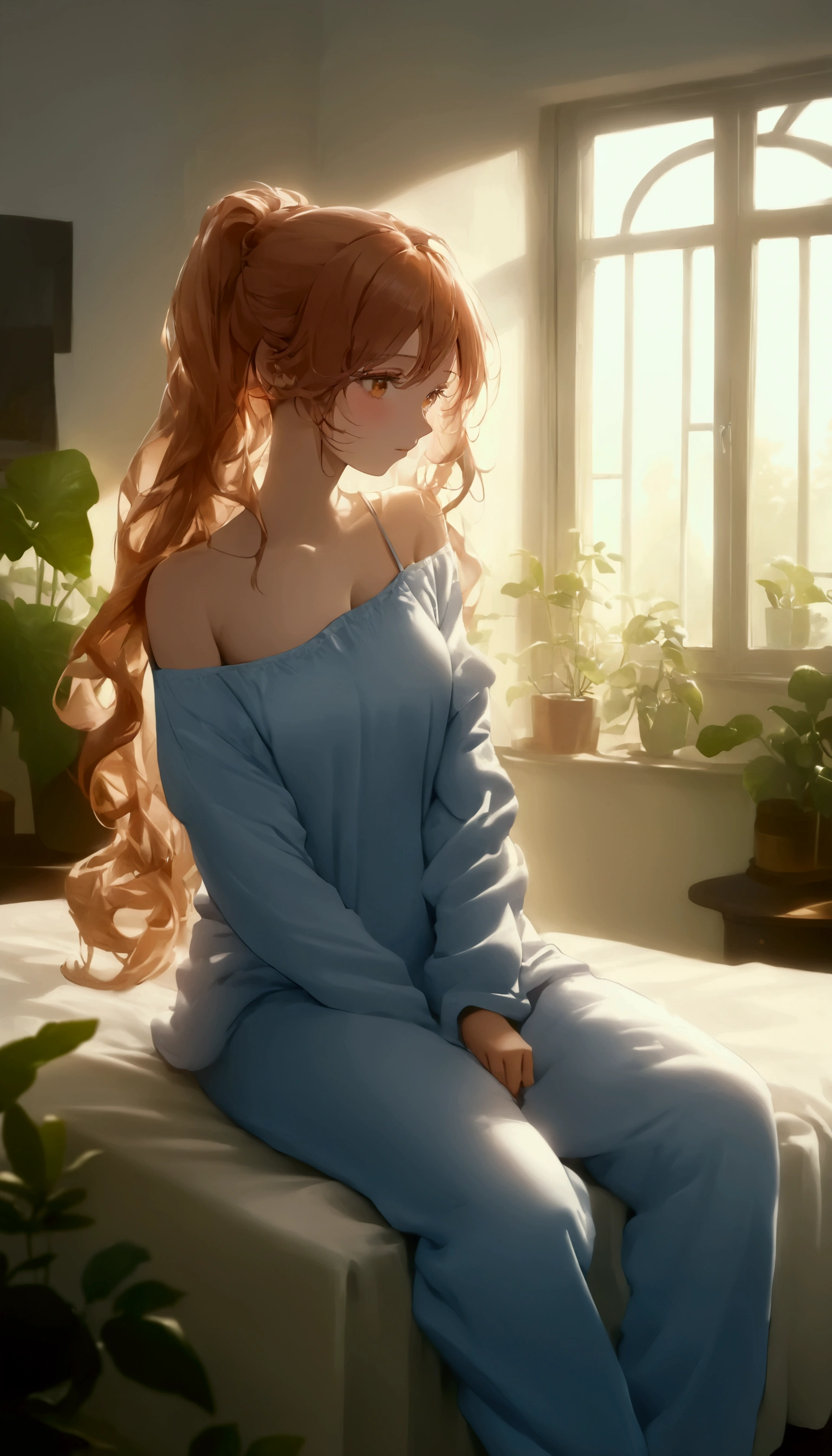 ( Photorealism :1.2), beautiful women, sit on the bed, She wears a loose top with a wide open shoulder line., Pajama pants, long curl hair, indoor, soft lighting , Background plants, windows that let sunlight in, cozy room , Relaxed Posture , realistic, intricate details, Warm colors,