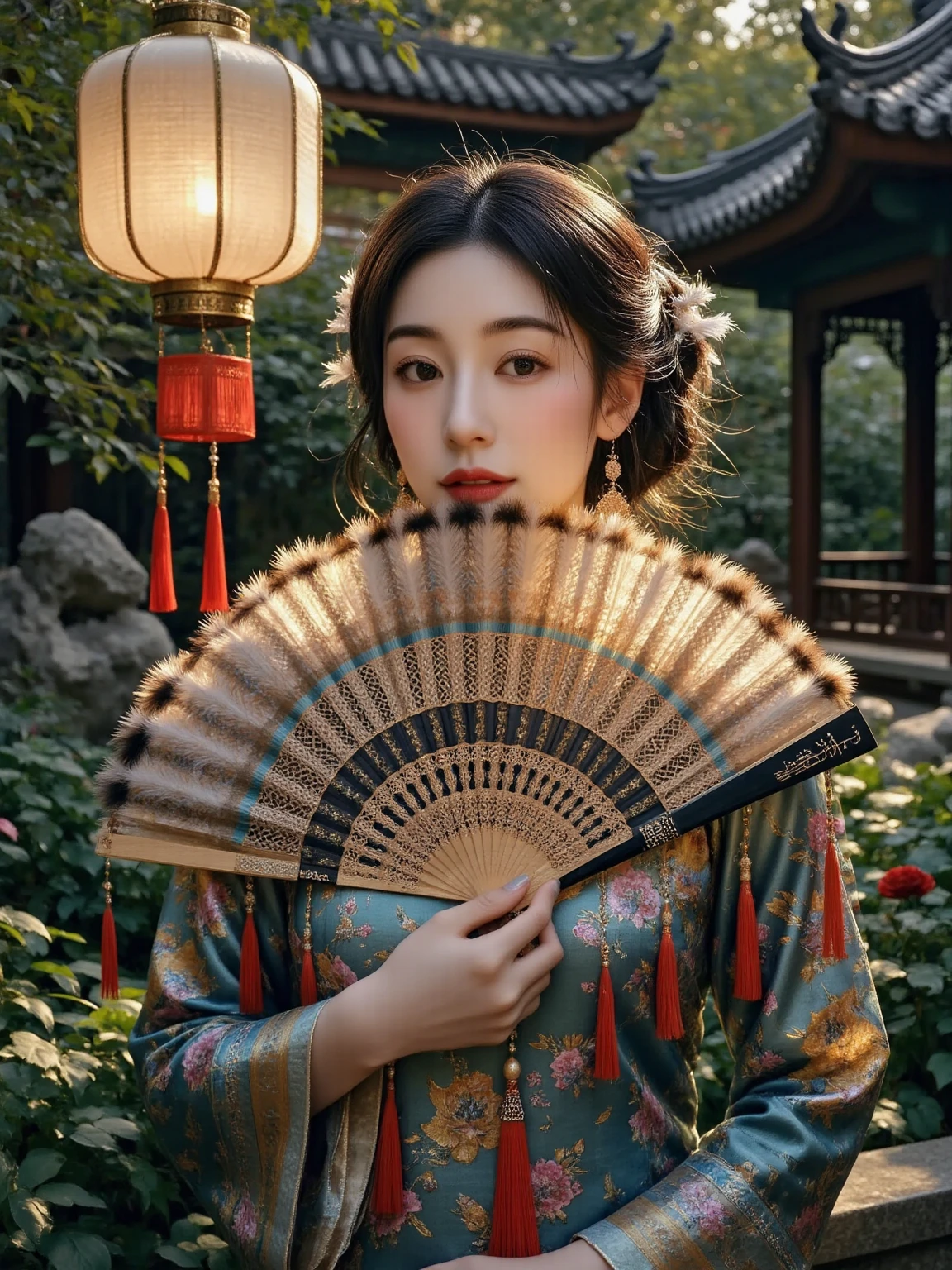 Ultra realistic portrait, Stunning delicate and refined Chinese woman stands in a quiet garden, holding a magnificent, exquisitely crafted luxurious fan that covers the lower part of her face, and her eyes are open; the fan has an elegant lattice, unique coloring, interweaving of bright feathers and silk tassels that sparkle in the soft golden light of a traditional Chinese lantern; the majestic beauty of the fan, the refined features of the woman's face, her striking gaze, evoke the unrivaled elegance and mystery of the East