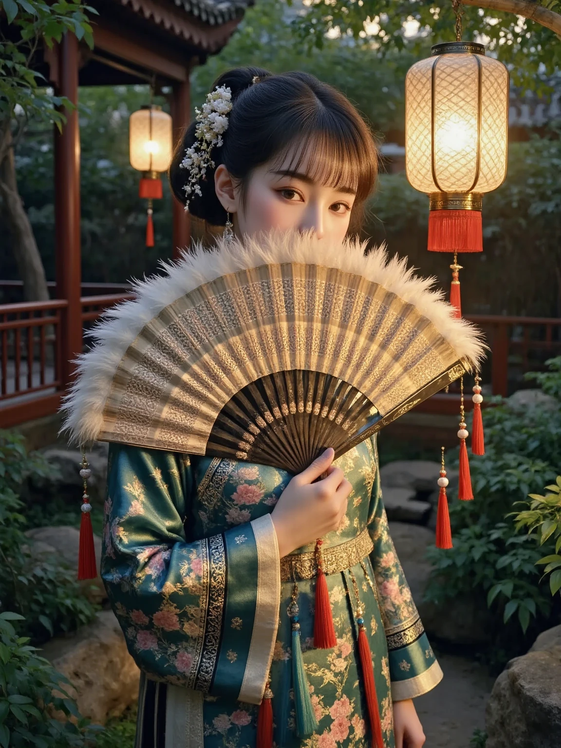 Ultra realistic portrait, Stunning delicate and refined Chinese woman stands in a quiet garden, holding a magnificent, exquisitely crafted luxurious fan that covers the lower part of her face, and her eyes are open; the fan has an elegant lattice, unique coloring, interweaving of bright feathers and silk tassels that sparkle in the soft golden light of a traditional Chinese lantern; the majestic beauty of the fan, the refined features of the woman's face, her striking gaze, evoke the unrivaled elegance and mystery of the East