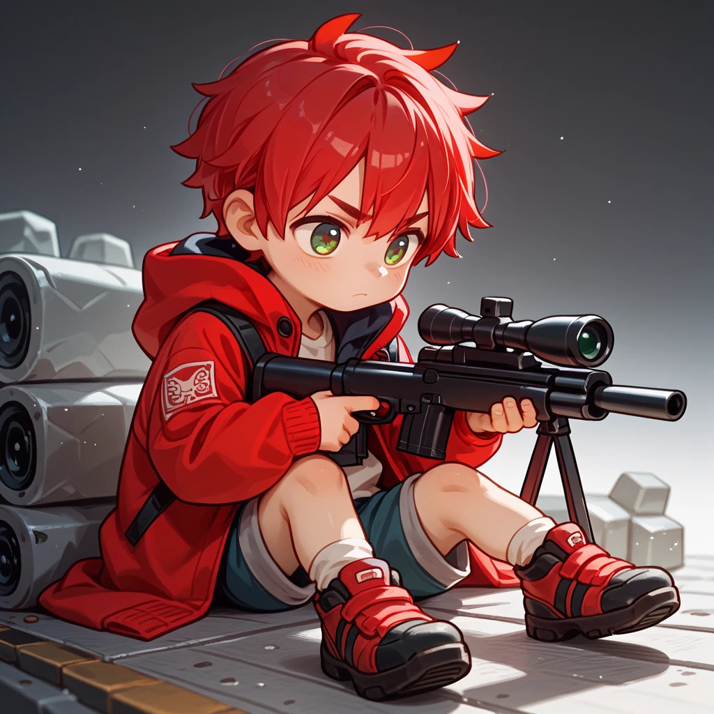 "A young boy with bright red hair , bright skin, and the soft expression , wearing future clothing .  The boy sitting .  The background is plain black ,  holding a sniper shoot, gives full focus to the character of the boy ,cute chibi ."