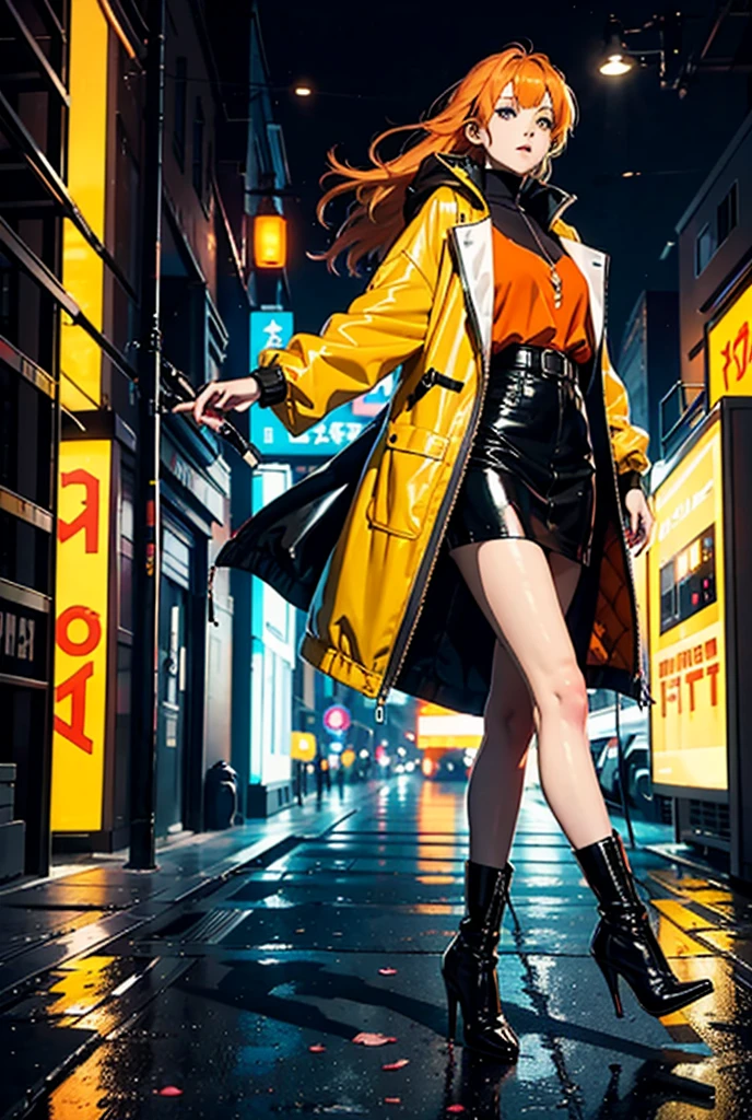 Cyberpunk Girl wearing a phosphorescent yellow green clothes and sneakers